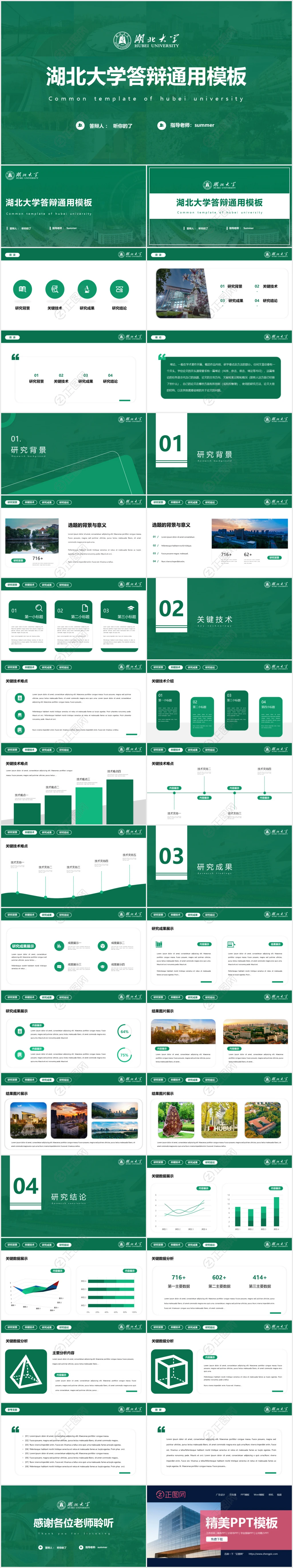 绿色湖北大学毕业答辩ppt模板