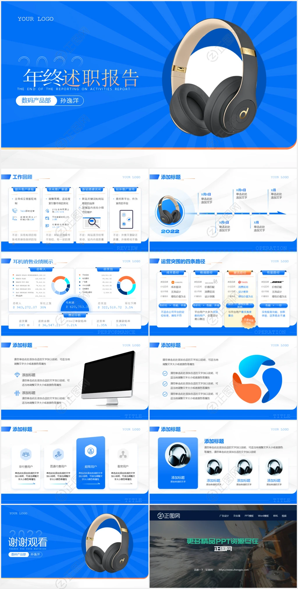 蓝色耳机年终总结述职报告ppt模板