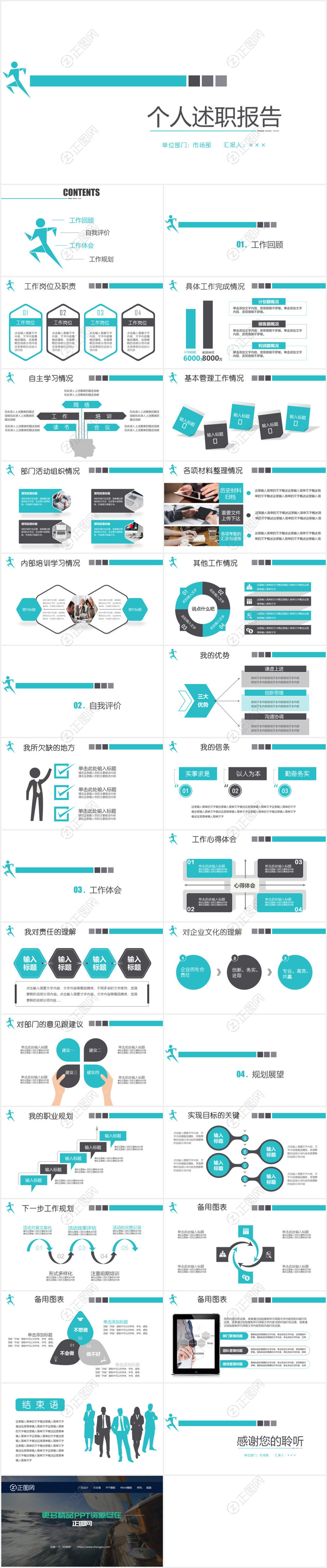 青色简洁个人述职报告ppt模板