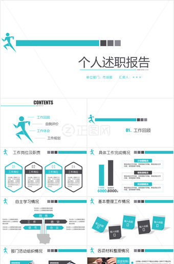 青色简洁个人述职报告ppt模板