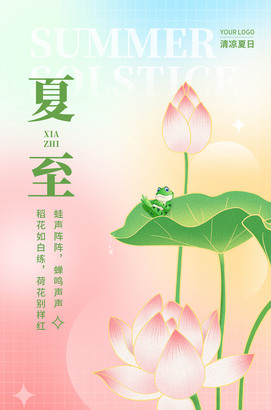 手绘荷花荷叶主题夏至宣传海报
