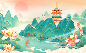 新中式手绘山水风景插画图片