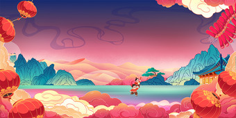 手绘新年国潮素材背景