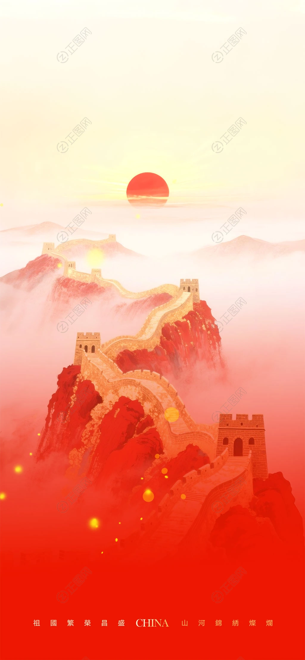 红色背景长城图片素材 红色背景长城图片素材