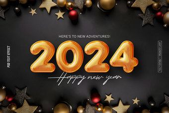黑色背景气球立体2024新年快乐英文图片