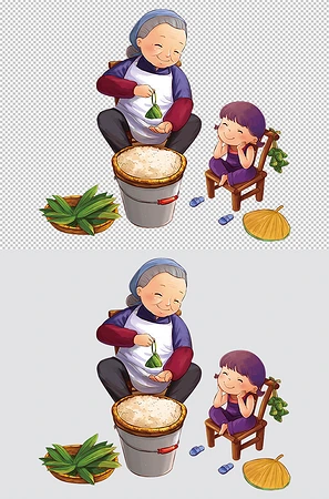 老奶奶和小孙女孩端午节一起包粽子