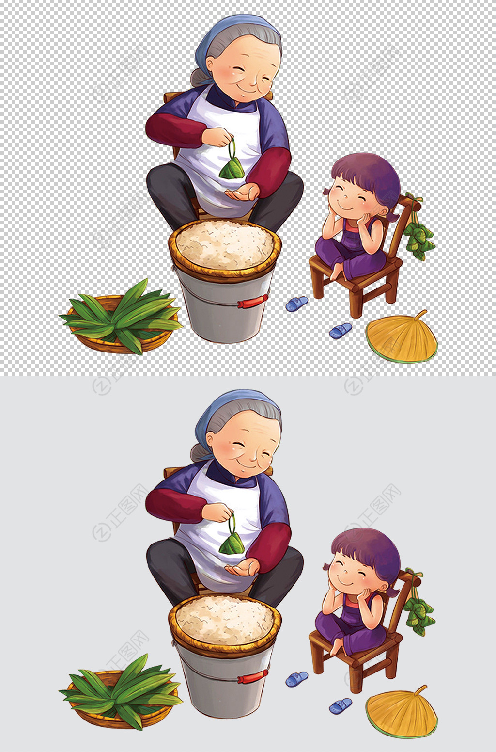 老奶奶和小孙女孩端午节一起包粽子
