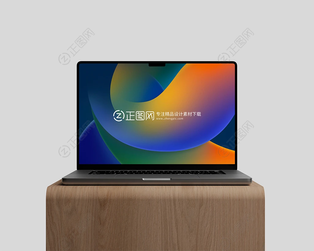 M2 MacBook Pro on Wood Stand Mockup